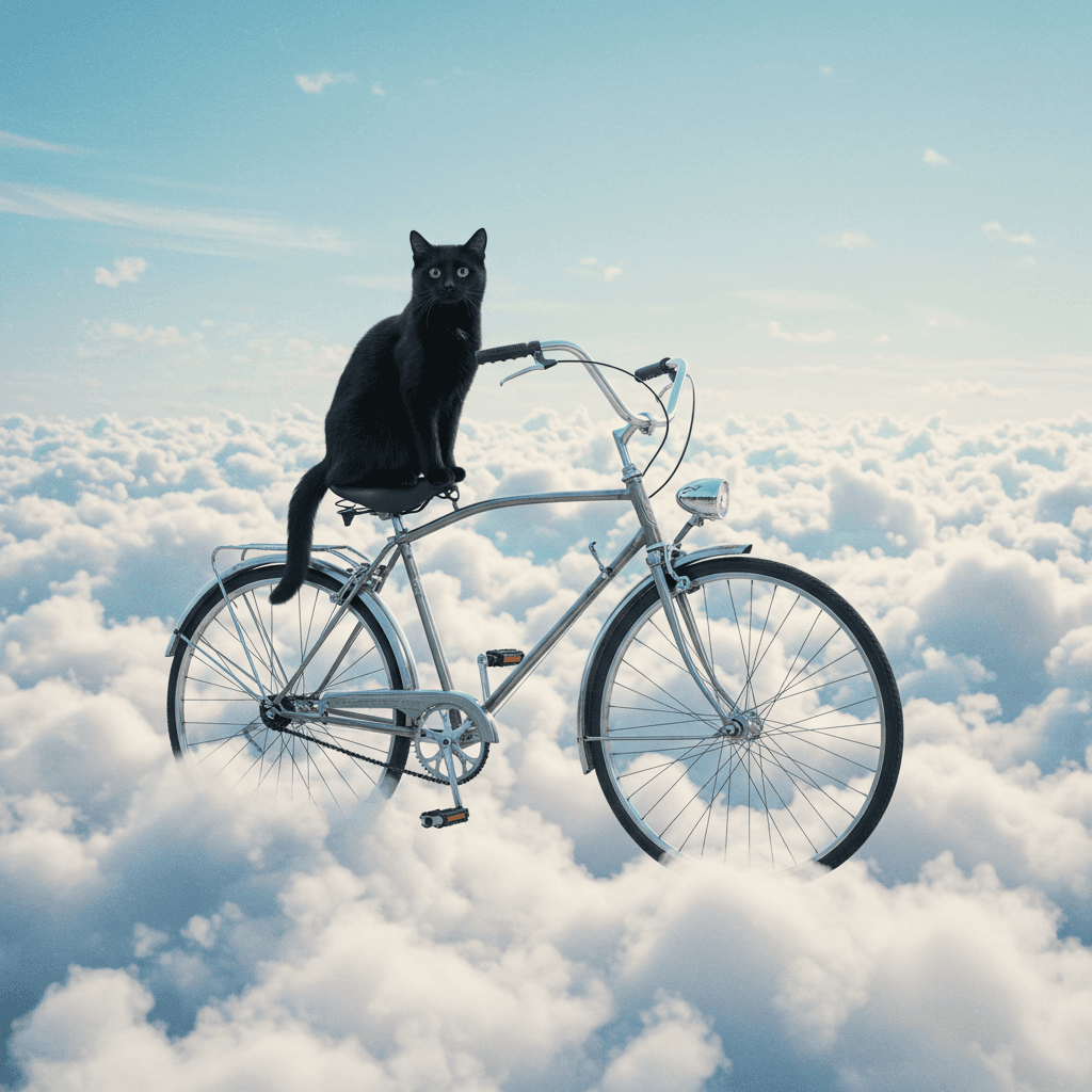 Kot na rowerze w chmurach